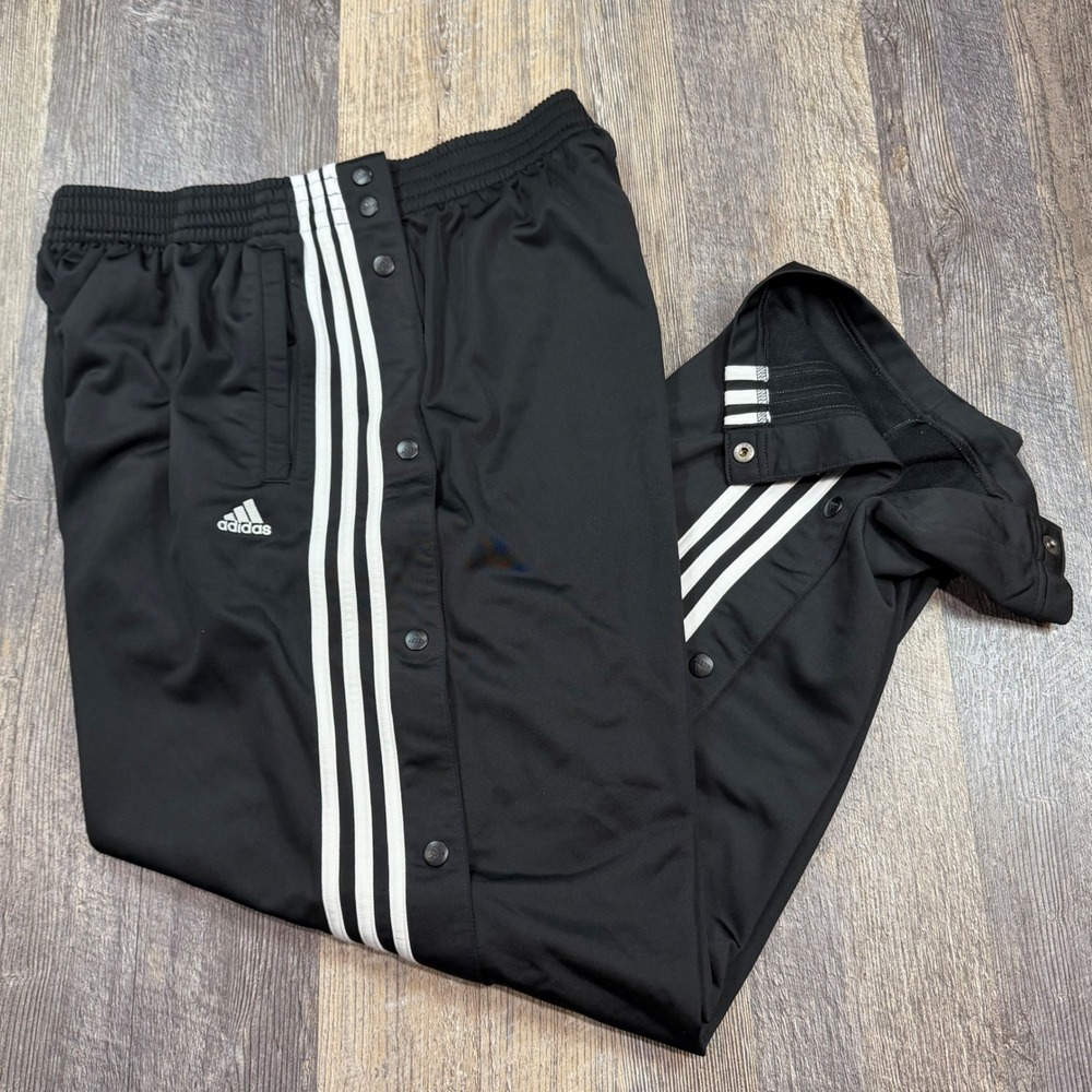 Adidas Tearaway Track Pants Men Large Black Snap Button 3-Stripes Wide Leg Retro